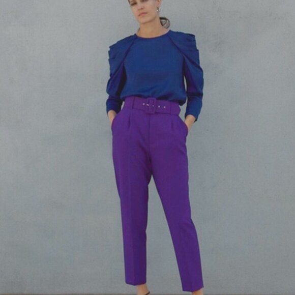 Zara Satin Effect Pleated Puff Shoulder Glossy  Blouse | XS | Royal Blue/Purple - Picture 16 of 16